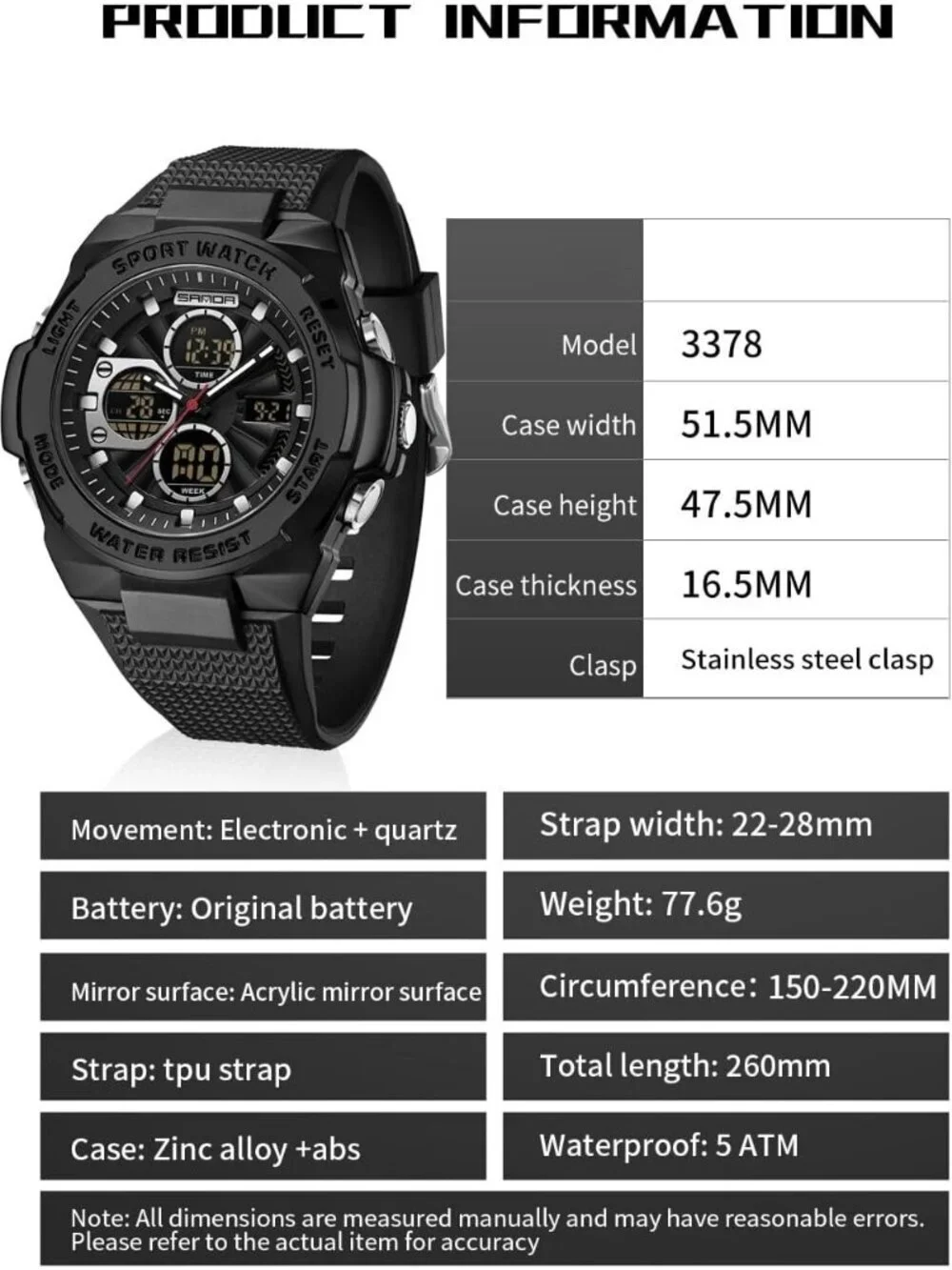 Men's All Black Analog Quartz Electronic Military Multifunction Digital Watch